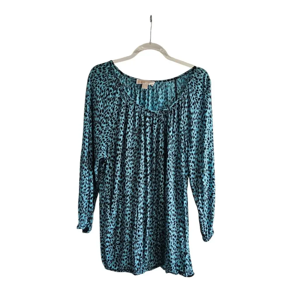 Michael Kors Womens XL Top ANIMAL Print Blue/Black Stretch Elastic Waist/Cuffs